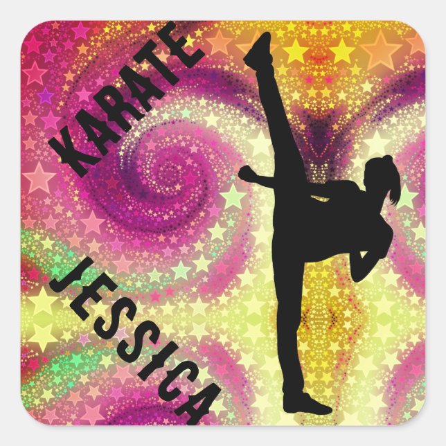 Pegatina Cuadrada Chicas Karate Tropical Swirl High Kick (Anverso)