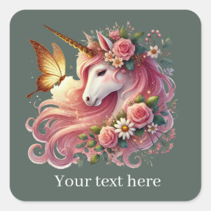 Pegatina Cuadrada Chicas linda fantasía unicornio agregar texto