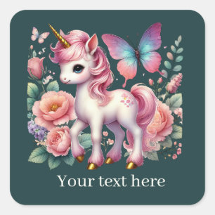 Pegatina Cuadrada Chicas linda fantasía unicornio agregar texto