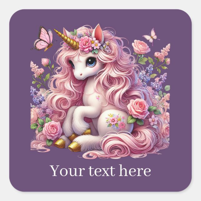 Pegatina Cuadrada Chicas linda fantasía unicornio agregar texto (Anverso)