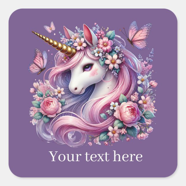 Pegatina Cuadrada Chicas linda fantasía unicornio agregar texto (Anverso)