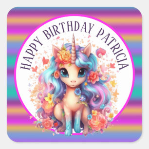 Pegatina Cuadrada chicas lindos Feliz cumpleaños unicornio