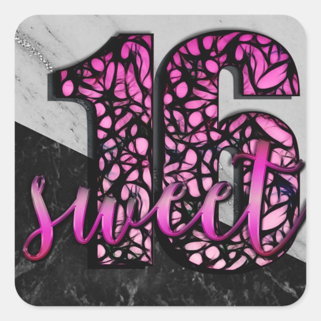 Pegatina Cuadrada Chicas Pink Black Marble Sweet 16 Birthday Party (Anverso)