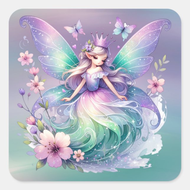 Pegatina Cuadrada Chicas Princesas de la Mariposa Verde Púrpura (Anverso)