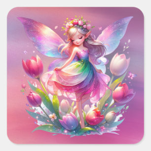 Pegatina Cuadrada Chicas Princesas de Tulipanes Rosados Calientes