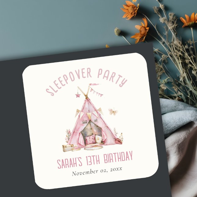 Pegatina Cuadrada Chicas rosados Tienden a Sleepover Fiesta de Cumpl (Subido por el creador)