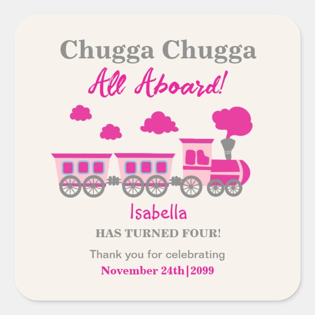 Pegatina Cuadrada Chicas Tren Rosa Cualquier Fiesta de Cumpleaños de (Anverso)