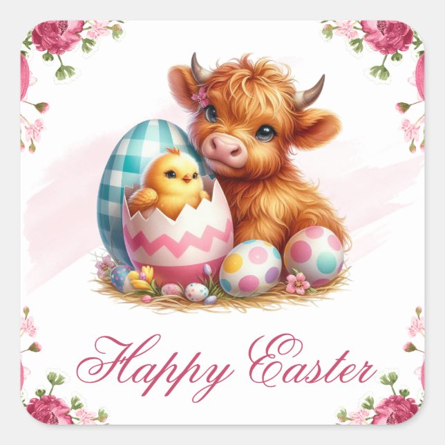Pegatina Cuadrada Chick, Cow & Easter Eggs Happy Easter (Anverso)