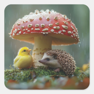 Pegatina Cuadrada Chick y peto escondiéndose bajo un hongo