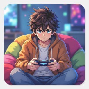 Pegatina Cuadrada Chico Anime jugando Videojuego