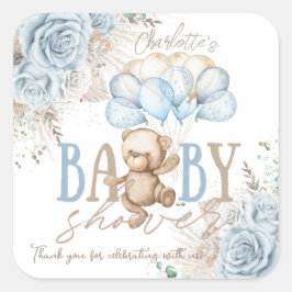 Pegatina Cuadrada Chico Baby Shower Oso de Peluche Floral Azul Boho 