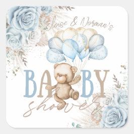 Pegatina Cuadrada Chico Baby Shower Oso de Peluche Pampas Floral Azu