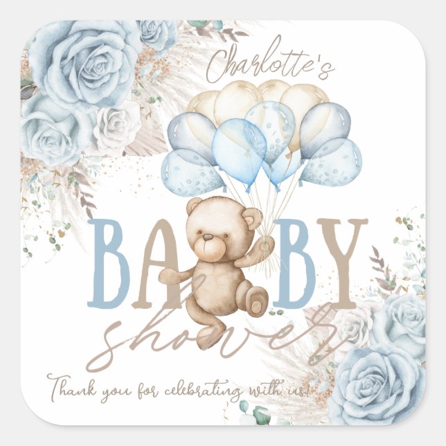 Pegatina Cuadrada Chico Boho Blue Floral Pampas Teddy Bear Baby Show (Anverso)