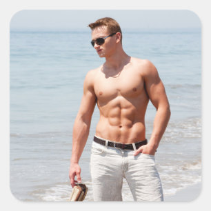 Pegatina Cuadrada Chico Caliente Pecho Desnudo Abdominales Musculoso