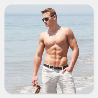 Pegatina Cuadrada Chico Caliente Pecho Desnudo Abdominales Musculoso