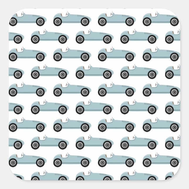 Pegatina Cuadrada Chico de Coche de Carreras Azul Fiesta de Cumpleañ (Anverso)