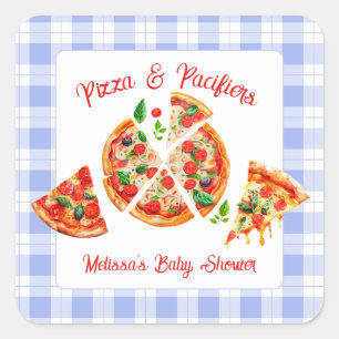 Pegatina Cuadrada Chico de Pizza y Chupetes Azul a Cuadros Baby Show