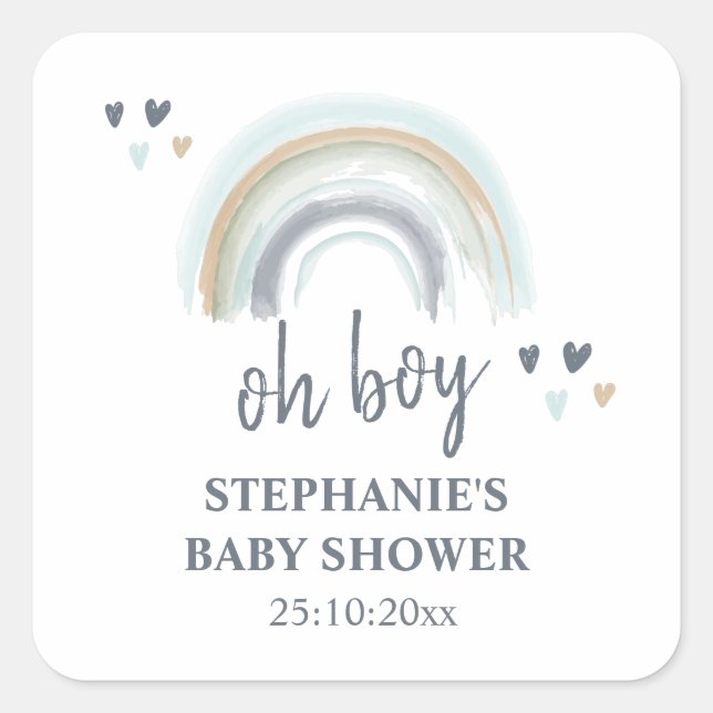Pegatina Cuadrada Chico Ducha Para Bebé Azul Boho Arcoíris Cuadrado  (Anverso)