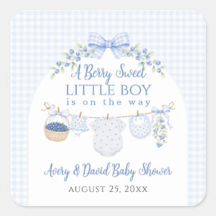 Pegatina Cuadrada Chico Dulce de Arándanos Baby Shower azul