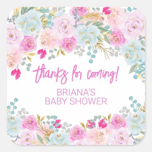 Pegatina Cuadrada Chico floral rosa Baby Shower Favors (Anverso)