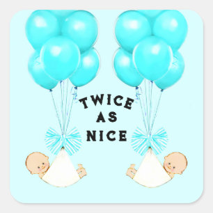 Pegatina Cuadrada Chicos Gemelos Globos Azules Baby Shower