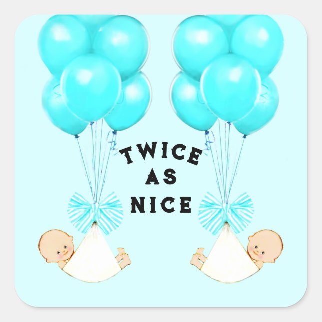 Pegatina Cuadrada Chicos Gemelos Globos Azules Baby Shower (Anverso)