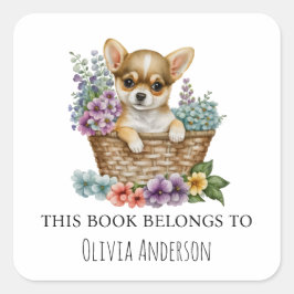 Pegatina Cuadrada chihuahua cachorro en cesta floral de este libro