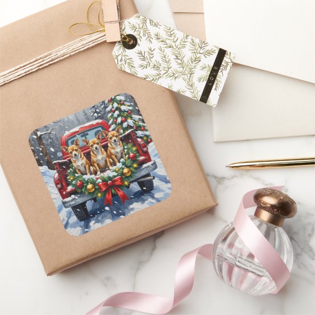 Pegatina Cuadrada Chihuahua Christmas Red Truck Holiday (Regalar)