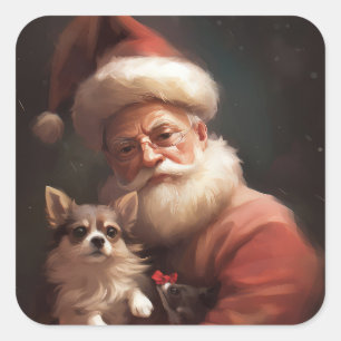 Pegatina Cuadrada Chihuahua con Navidades festivos de Santa Claus