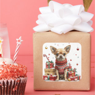 Pegatina Cuadrada Chihuahua con Suéter con Cajas de Regalo