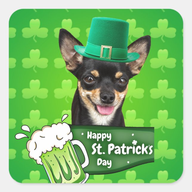 Pegatina Cuadrada Chihuahua Cuppy Dog St. Patrick's Day Green Clover (Anverso)