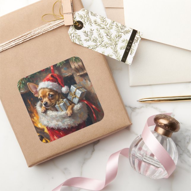 Pegatina Cuadrada Chihuahua Dog Christmas Stocking Surprise Art (Regalar)