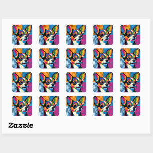 Pegatina Cuadrada Chihuahua, Estilo Colorido Pop Art