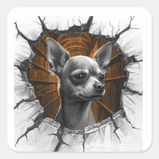 Pegatina Cuadrada Chihuahua Peers Through A Grey Wooden Wall