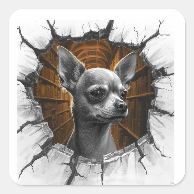 Pegatina Cuadrada Chihuahua Peers Through A Grey Wooden Wall (Anverso)