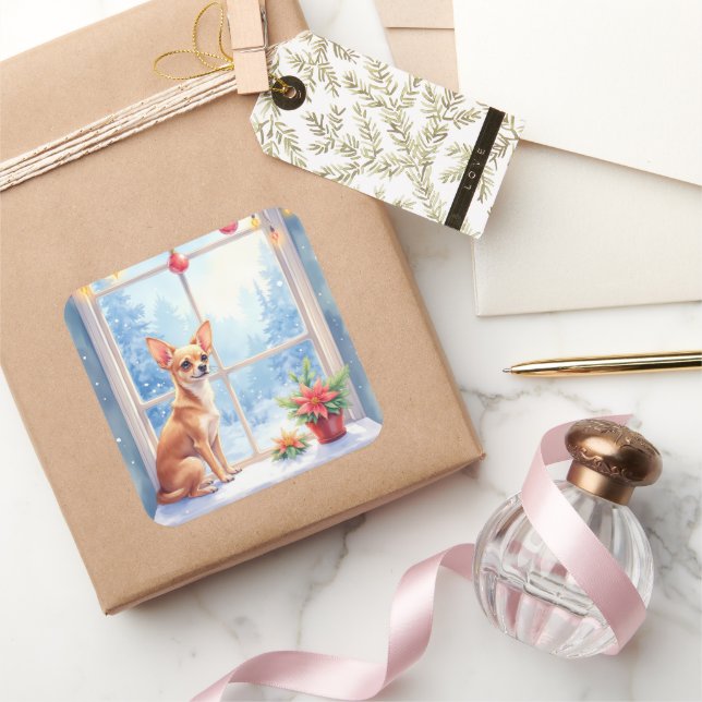 Pegatina Cuadrada Chihuahua Snowy Windowsill Holiday Christmas Art (Regalar)