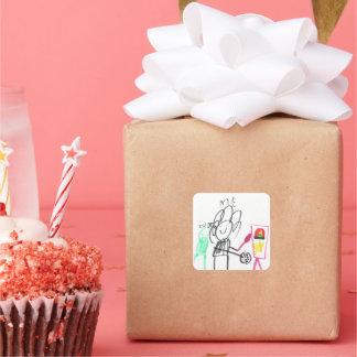 Pegatina Cuadrada Child Drawing Stick Figure Colorful 