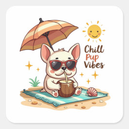 Pegatina Cuadrada Chill Pup Vibes Kawaii Bulldog Beach