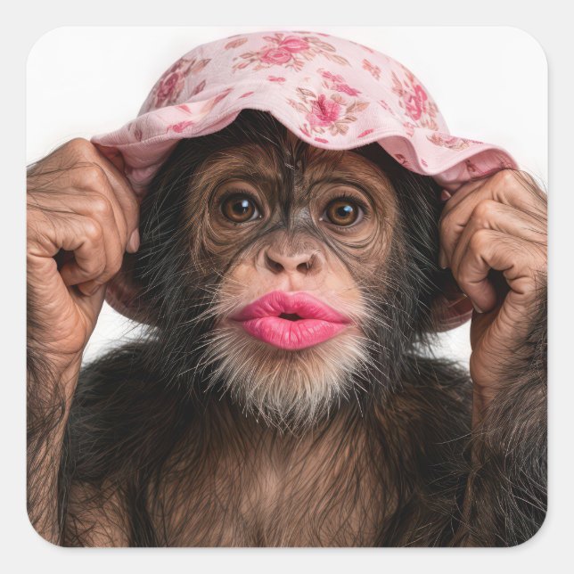 Pegatina Cuadrada Chimpancé con lápiz labial rosa (Anverso)