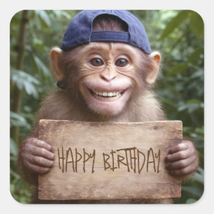 Pegatina Cuadrada Chimpancé sosteniendo un cartel de Feliz Cumpleaño
