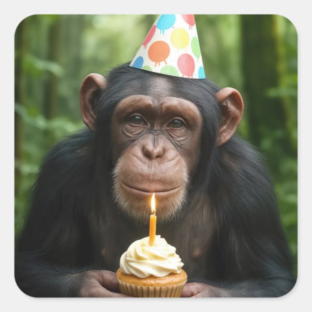 Pegatina Cuadrada Chimpanzee llevando un pastel de cumpleaños (Anverso)