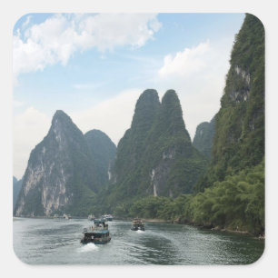 Pegatina Cuadrada China, Guilin, río Li, Barcos de río alineados