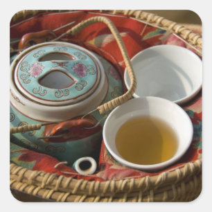 Pegatina Cuadrada China, Hong Kong. Tetera tradicional china y 3