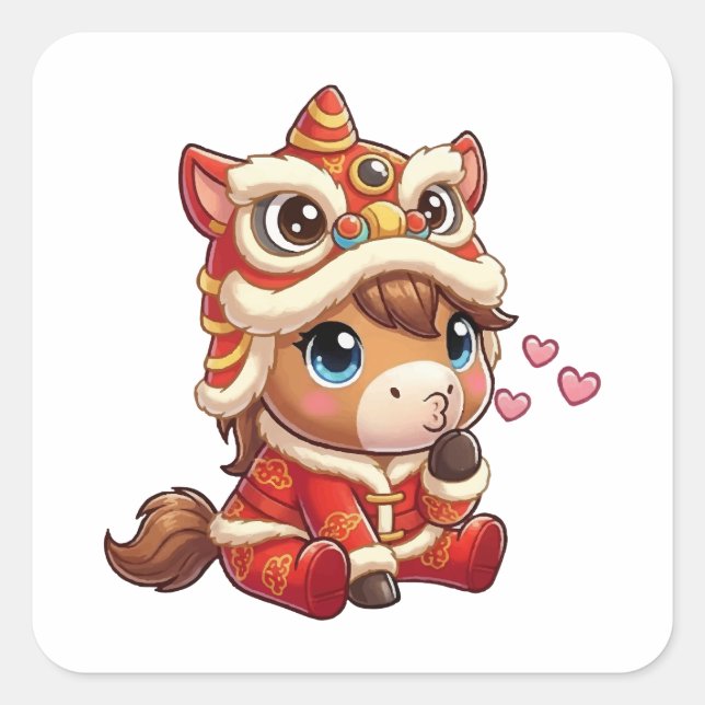 Pegatina Cuadrada Chinese New Year Horse 2026 Zodiac (Anverso)