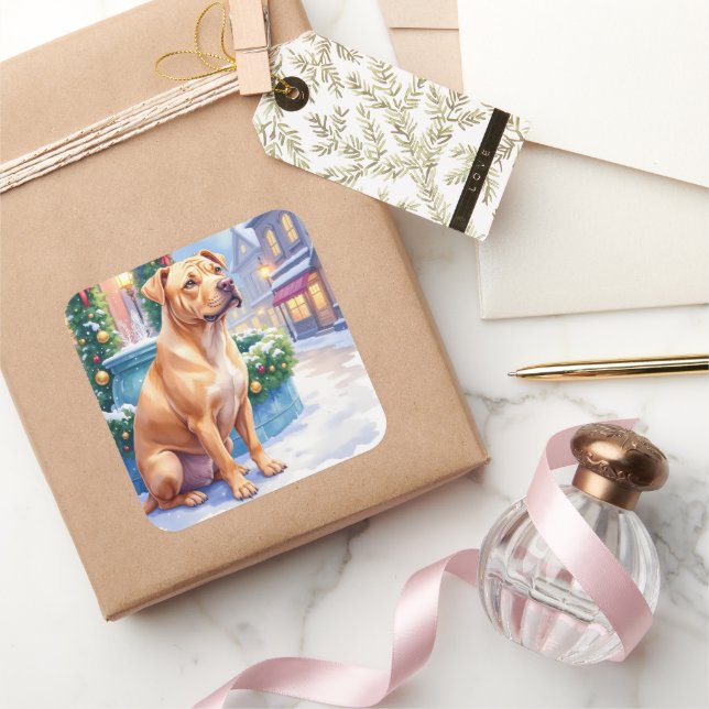Pegatina Cuadrada Chinese Shar-Pei Snowy Town Fountain Christmas Art (Regalar)