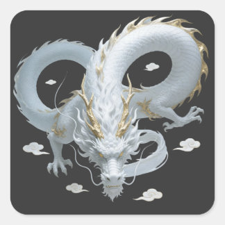 Pegatina Cuadrada Chinese White Gold Dragon Art Fantasy Design With