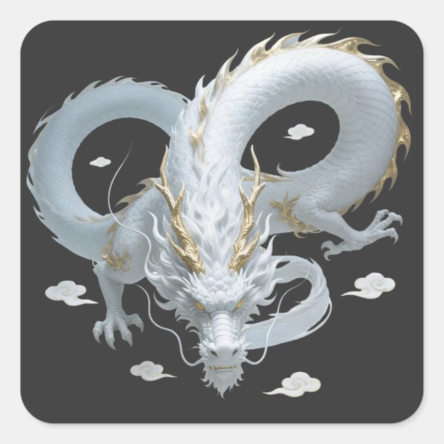 Pegatina Cuadrada Chinese White Gold Dragon Art Fantasy Design With  (Anverso)