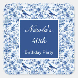 Pegatina Cuadrada Chinoiserie Blue Birds and Flowers Birthday