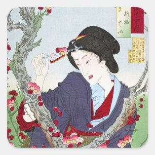 Pegatina Cuadrada Chinoiserie Dama Japonesa y Flor de Cerezo Roja