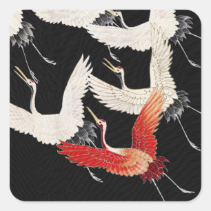Pegatina Cuadrada Chinoiserie Grulla Voladora Zen Kimono Minimalista